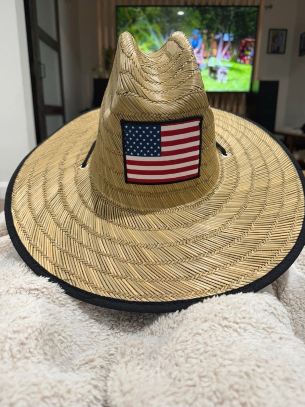 Straw Lifeguard Style Hat with American Flag Patch - Tan